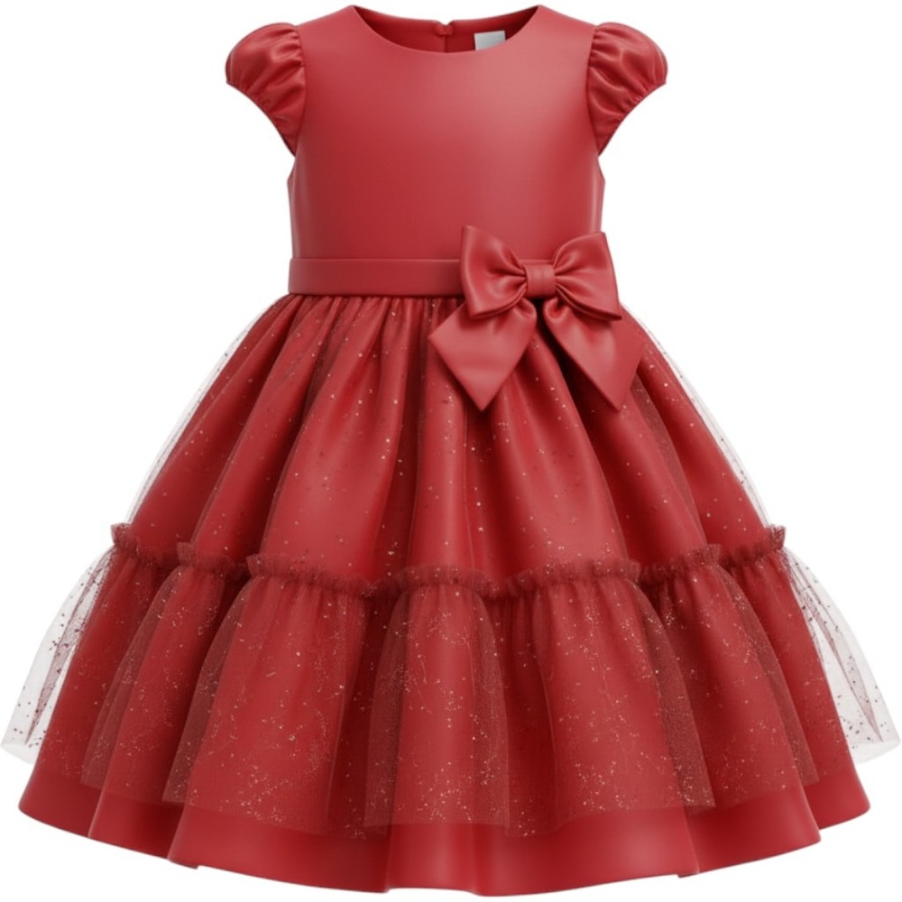 Unbranded Red Glitter Tulle Party Dress Kids Size 6 Holiday Bow Tiered Gown
